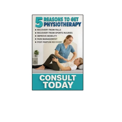 Poster illustrating five key reasons to undergo physiotherapy for recovery, pain relief, and improved mobility