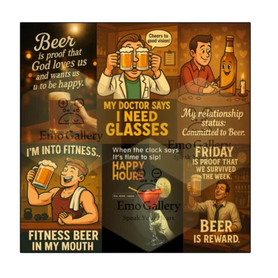 Set of 6 funny alcohol bar quotes posters featuring drinking, pub, lounge and home bar wall art, self-adhesive, waterproof and oilproof, perfect for party rooms and man caves.