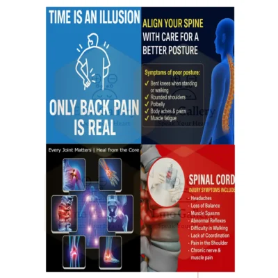 Set of 4 back pain and physiotherapy awareness posters for clinics, hospitals, and rehabilitation centers