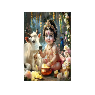 Bal Krishna joyfully playing with Gaumata (sacred cow), symbolizing innocence, devotion, divine love, and childhood bliss spiritual wall poster