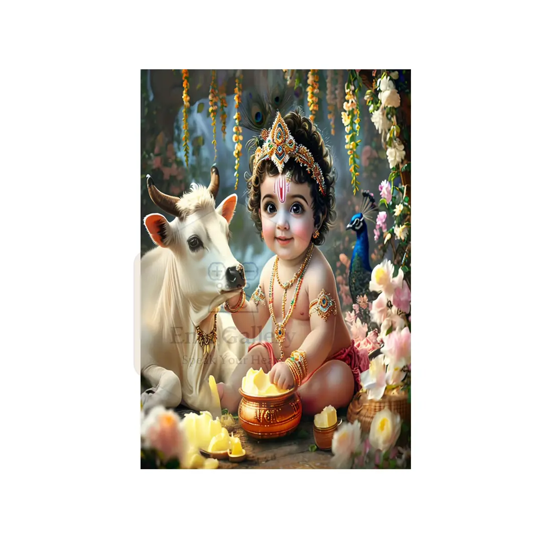 Bal Krishna Playing with Gaumata Poster – Smiling Bal Krishna with Gaumata Poster Bal Krishna joyfully playing with Gaumata (sacred cow), symbolizing innocence, devotion, divine love, and childhood bliss spiritual wall poster