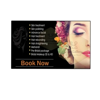 Beauty parlour service list poster with Book Now text, showcasing facial, waxing, threading, manicure, pedicure, hair spa and bridal makeup services, self adhesive waterproof salon wall poster.