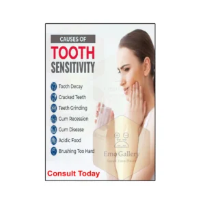 Causes of tooth sensitivity poster showing common reasons for sensitive teeth, dental sensitivity awareness chart for dental clinic wall decor