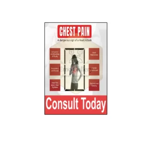 Chest Pain – A Major Warning Sign of Heart Attack emergency cardiac awareness poster illustrating chest discomfort symptoms and urgent heart attack warning for clinics, hospitals, and health education