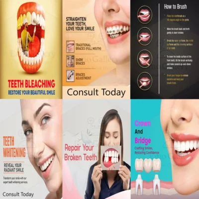 Dental Health Posters Set of 6 showing tooth care, oral hygiene and dental awareness charts for dental clinic and hospital wall decor, educational and waterproof