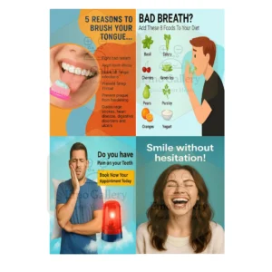 Dental Poster Combo Set of 4 showing oral health, tooth care, and dental awareness charts for clinic and hospital wall decor, educational and waterproof
