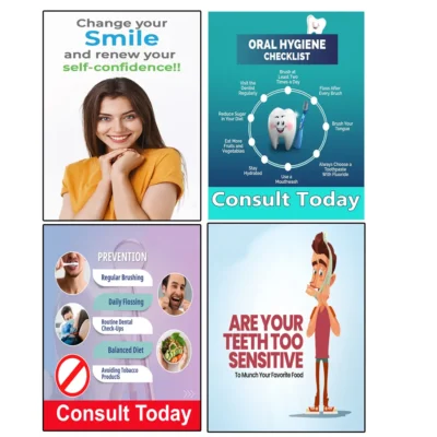 Dental Posters Set of 4 showing oral health, tooth care, and dental awareness charts for clinic and hospital wall decor, educational and waterproof