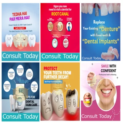 Dentist Clinic Poster Set of 6 showing dental health education, oral care, and awareness charts for clinic and hospital wall decor, educational and waterproof