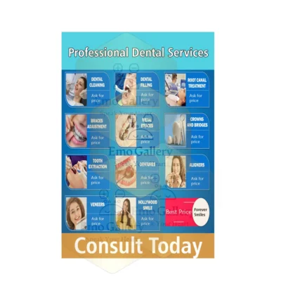 Dentist Clinic Professional Services Poster showing professional dental care, oral health tips, and educational chart for dental clinic and hospital wall decor, waterproof and self-adhesive