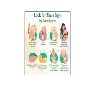 Early warning signs in newborns poster displayed in a clinic, highlighting important baby health symptoms for parents, designed for gynaecologist and maternity clinic awareness.