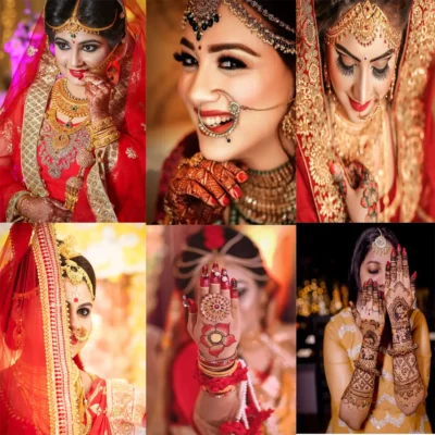 Bridal beauty services poster set of 6 pieces showing bridal makeup, hair styling, facial, mehndi, manicure and pedicure, self adhesive waterproof oilproof salon wall posters by Emo Gallery.