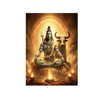 Meditating Lord Shiva sitting with Nandi in the Himalayan aura, symbolizing peace, devotion, balance, and divine energy spiritual wall poster