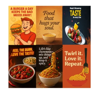Food poster pack of 6 featuring modern cuisine illustrations with self-adhesive peel-and-stick design, ideal for cafe and restaurant wall decoration.