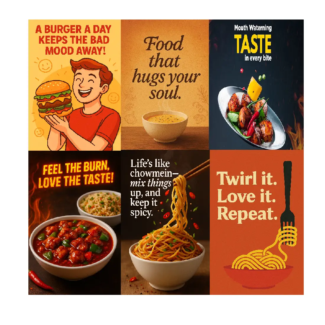 Food Illustration Poster Combo Set of 6 | Self-Adhesive Wall Decor for Cafe & Restaurant Food poster pack of 6 featuring modern cuisine illustrations with self-adhesive peel-and-stick design, ideal for cafe and restaurant wall decoration.