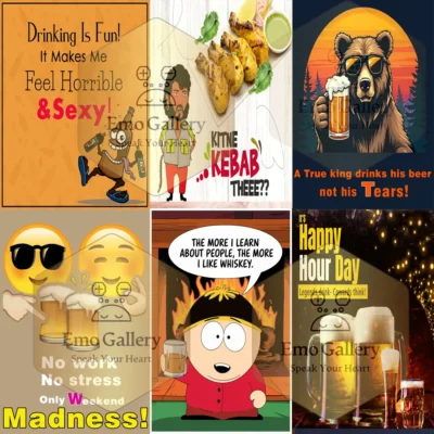Set of 6 funny and stylish alcohol posters featuring drinking, friendship, pub and party quotes, photo-style wall art, self-adhesive, waterproof and oilproof, perfect for bars, lounges and home party rooms.