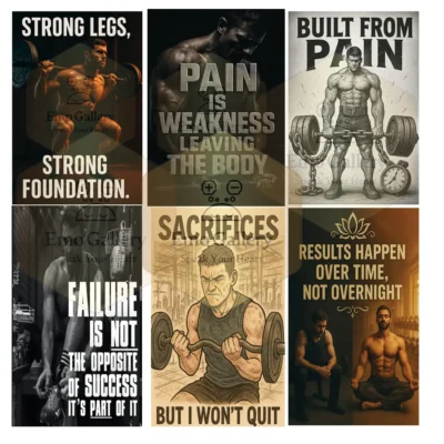 Gym motivation poster set of 6 featuring workout quotes and fitness illustrations for gym, home gym, and fitness studio wall décor.