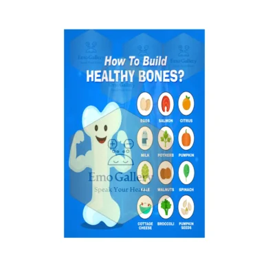How to Build Healthy Bones poster showing bone health tips, calcium and vitamin guidance, exercise recommendations, and preventive care, ideal for clinics, hospitals, and home wellness spaces