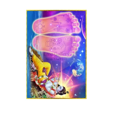 Lord Krishna’s lotus feet (Padpadma Charan) depicted with divine aura, symbolizing devotion, grace, and spiritual blessings spiritual wall poster
