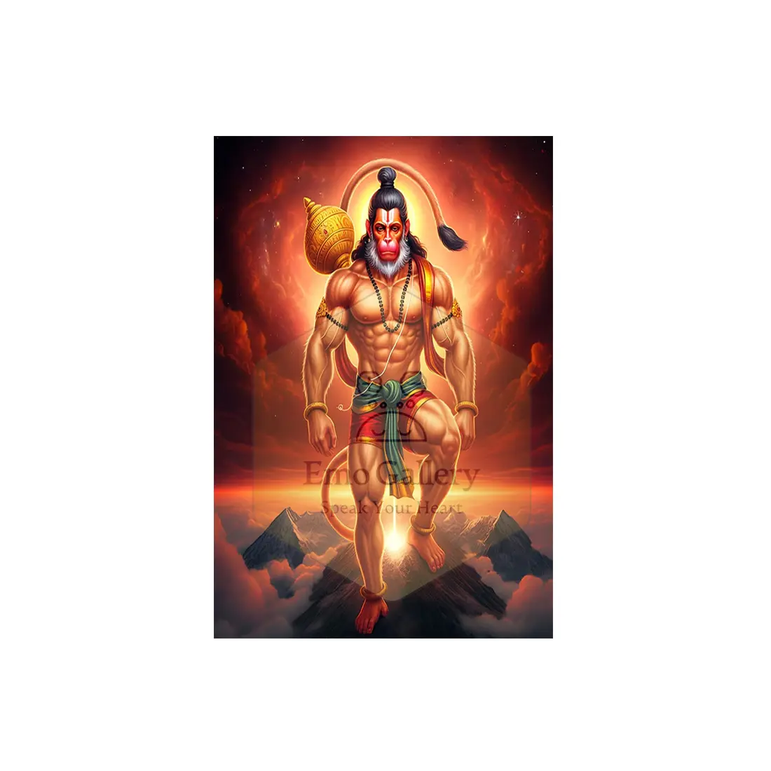 www Powerful illustration of Mahabali Hanuman (Bajrang Bali) symbolizing strength, bhakti, protection, and divine energy in a spiritual wall poster