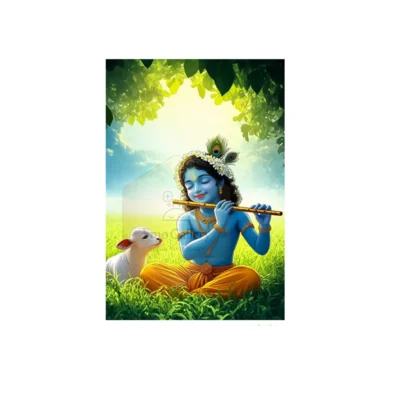 Murli Manohar Krishna playing the bansuri, smiling with a sacred cow nearby, symbolizing happiness, divine love, and peace spiritual wall poster