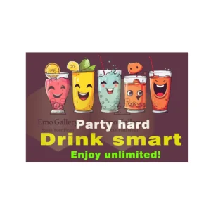 “Party • Drink Smart • Unlimited” bar and party wall décor poster with modern typography and fun alcohol theme, suitable for bar, party room, home bar, café, and lounge wall decoration.