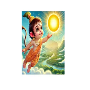 Pawanputra Bal Hanuman touching the Sun with Surya Dev, symbolizing divine childhood strength, courage, devotion, and miraculous power spiritual wall poster