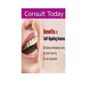Home Self-Ligating Braces Advantages Poster showing benefits of faster and comfortable teeth alignment, orthodontic awareness chart for dental clinic wall decor, educational and waterproof