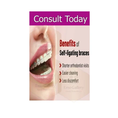 Self-Ligating Braces Advantages Poster showing benefits of faster and comfortable teeth alignment, orthodontic awareness chart for dental clinic wall decor, educational and waterproof