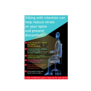 Poster showing correct sitting posture for spinal comfort and back pain prevention in office and clinic settings