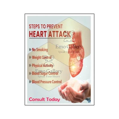 Steps to Prevent Heart Attack poster showing practical heart health tips and preventive measures, ideal for clinics, hospitals, cardiology departments, and home wellness spaces