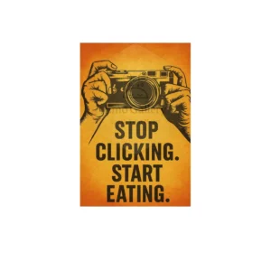 Funny “Stop Clicking Start Eating” wall poster, designed as self-adhesive décor for cafes, restaurants, and food courts.