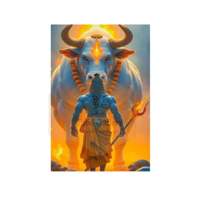 Mahadev meditating with Nandi in a serene setting, Hindu religious spiritual poster ideal for home, office, or meditation space
