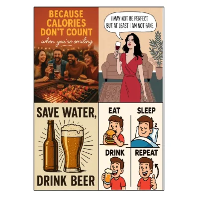 Set of 4 humorous alcohol posters, waterproof and self-adhesive vinyl, perfect for home bars, pubs, lounges, and party rooms.