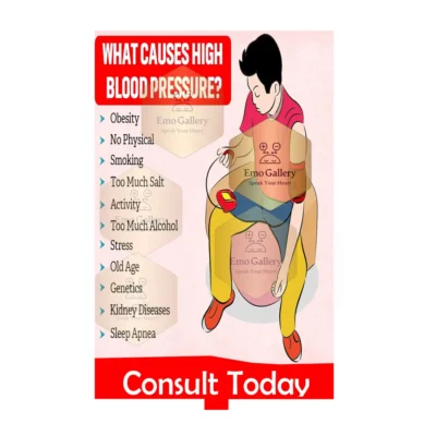 Educational poster illustrating the causes of high blood pressure (hypertension), designed as self-adhesive wall décor for clinics, hospitals, and home health awareness.