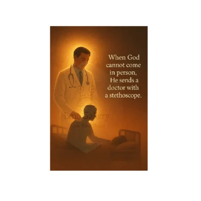 Inspirational medical quote poster with a stethoscope featuring the message “When God Cannot Come in Person, He Sends a Doctor,” designed for clinics, hospitals, and medical offices.