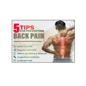5 tips for preventing back pain poster showing spine care habits and posture guidance for clinics and hospitals.