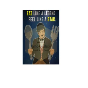 Home Vintage comedy chef poster inspired by a Charlie Chaplin–style character with the quote “Eat Like a Legend, Feel Like a Star,” designed as funny self-adhesive kitchen wall art.