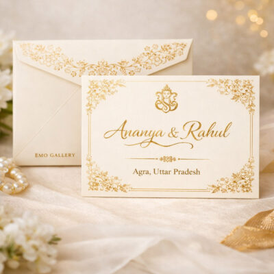 Elegant Wedding Cards in India with gold foil floral design – customizable invitation