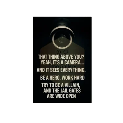 Funny CCTV poster with motivational quote: “That thing above you? Yeah, it’s a camera… and it sees everything. Be a hero, work hard. Try to be a villain, and the jail gates are wide open.” Perfect for office or home wall decor.