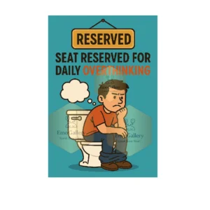 Humorous illustration of a man overthinking while sitting on the toilet – funny wall art for bathroom, office, or home décor.