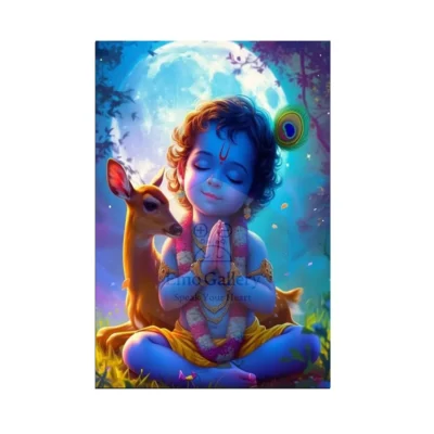 Peaceful Lord Krishna with a calm expression, sitting under a tree, radiating serenity and divine energy – spiritual wall art for home, meditation room, or temple décor.
