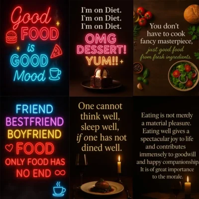 Set of 6 food café quote posters featuring funny and motivational quotes, stylish wall art décor for cafés, restaurants, kitchens, and food spaces.