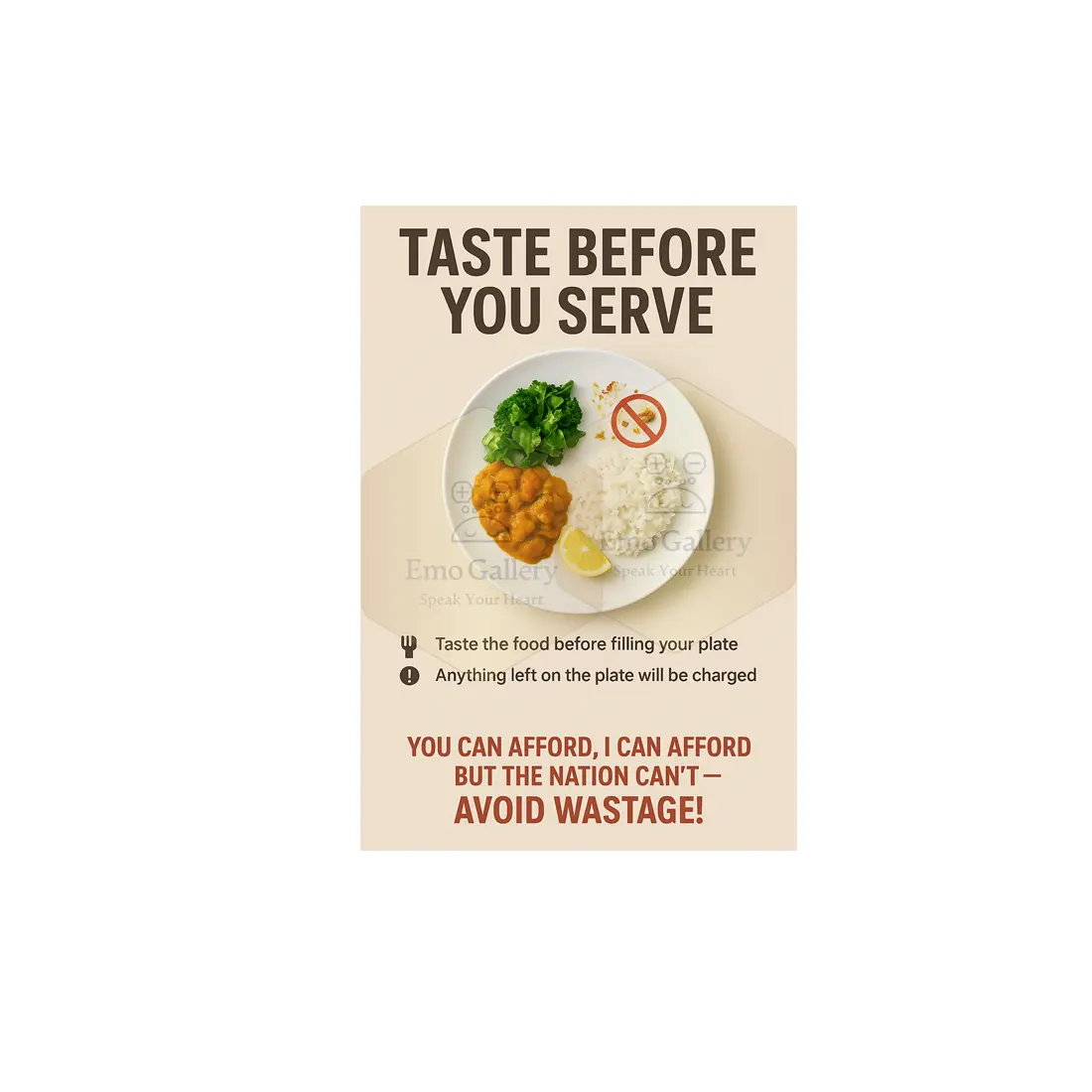 Taste Before You Serve – Food Wastage Awareness Poster | Restaurant & Café Wall Art Food wastage awareness poster with the message “Taste Before You Serve,” promoting responsible dining and food saving for restaurants, cafés, kitchens, and canteens.