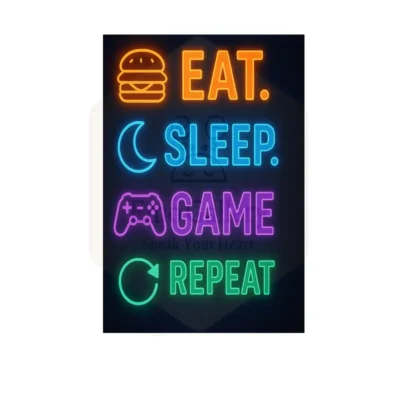 Eat Sleep Game Repeat neon gaming poster with controller and RGB lights for gamer room decor