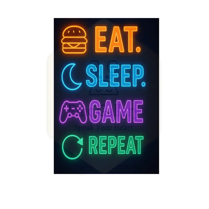 Eat Sleep Game Repeat Gaming Poster | Neon Gamer Room Wall Decor Eat Sleep Game Repeat neon gaming poster with controller and RGB lights for gamer room decor