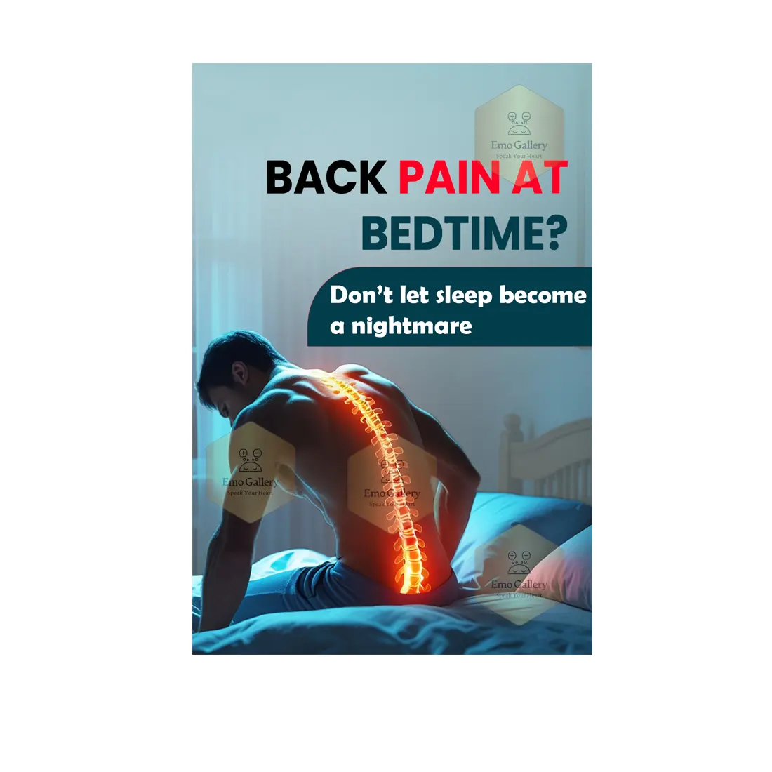Back Pain at Bedtime Poster – Night Back Pain Relief Medical Awareness Wall Art Back Pain at Bedtime Poster for Clinics & Hospitals