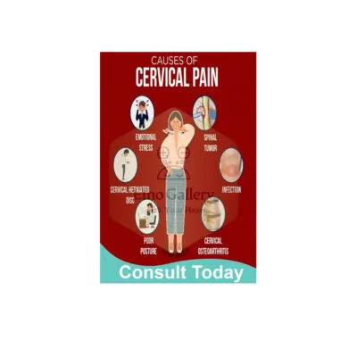 Home cervical pain awareness poster showing causes of neck pain like stress poor posture infection and spinal issues