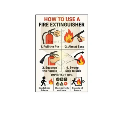 How to use fire extinguisher poster showing step by step instructions for fire safety wall decor