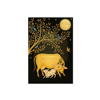 Kamdhenu Cow Gold Poster for wealth health peace and spiritual mandir wall decor