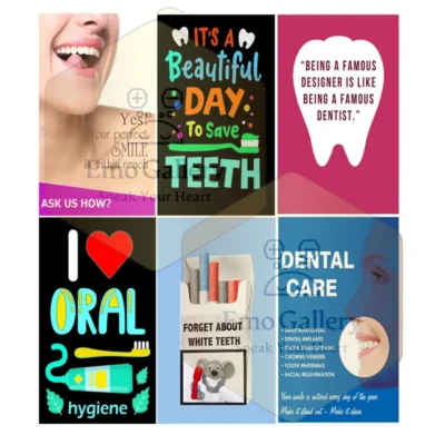 Dental Clinic Poster Pack of 6 showing teeth care and oral hygiene wall posters for clinic decor